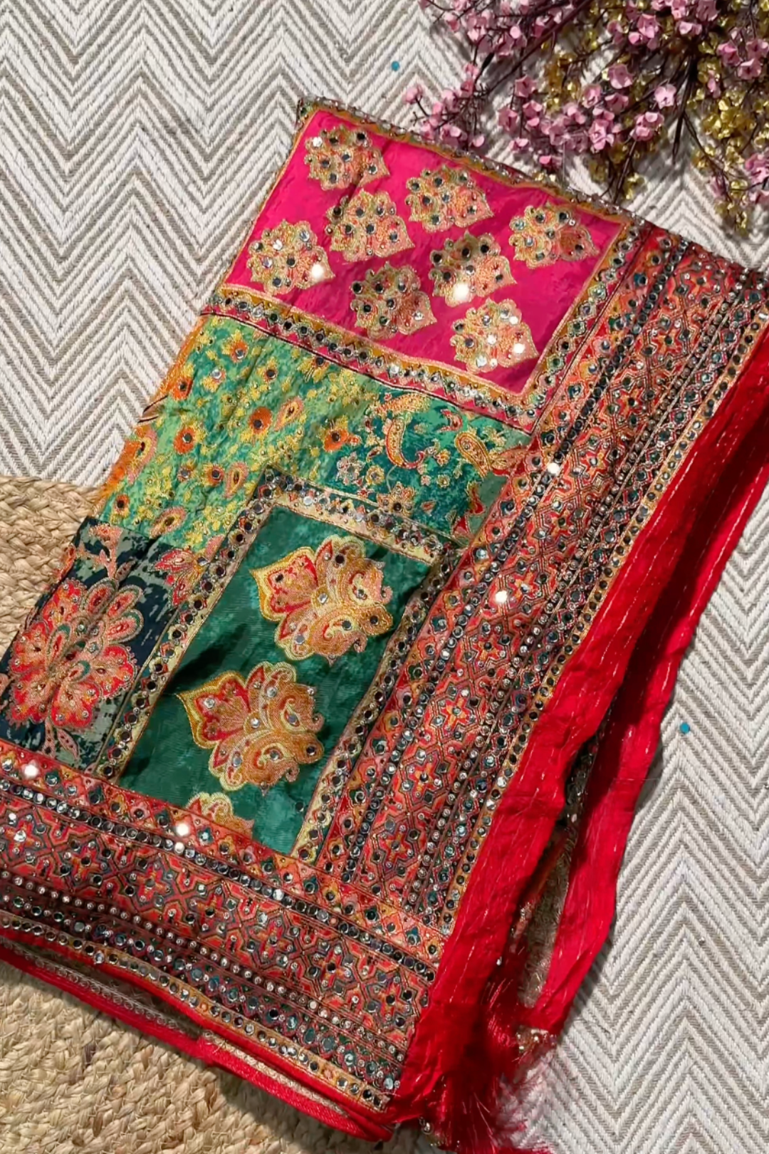 Multicolour Silk Unstitched Saree Embellished With Sequins, Mirror, Stone & Swarovski Work