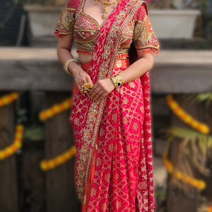 Orange Chinon Banarasi Drape Saree with Cutdana, Sequin, Moti & Dabka Work