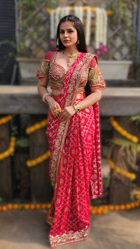 Orange Chinon Banarasi Drape Saree with Cutdana, Sequin, Moti & Dabka Work