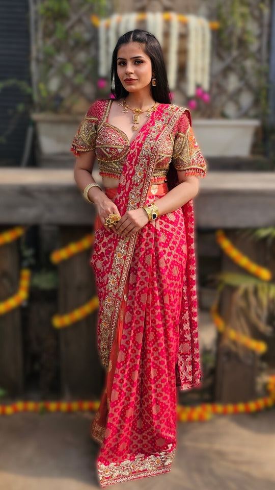 Orange Chinon Banarasi Drape Saree with Cutdana, Sequin, Moti & Dabka Work