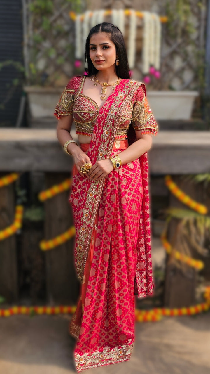 Orange Chinon Banarasi Drape Saree with Cutdana, Sequin, Moti & Dabka Work