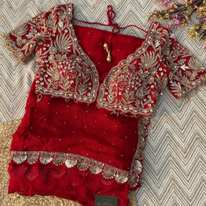 Red Organza Saree Embellished With Sequins & Cut Dana Work