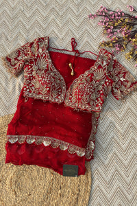 Red Organza Saree Embellished With Sequins & Cut Dana Work