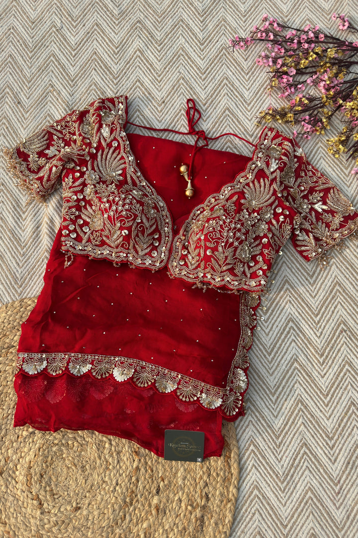Red Organza Saree Embellished With Sequins & Cut Dana Work
