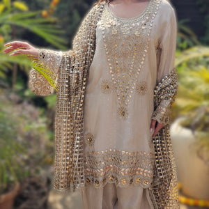 Beige Tissue Indo-Western with Dori, Zari, Gota Patti & Sipi Work
