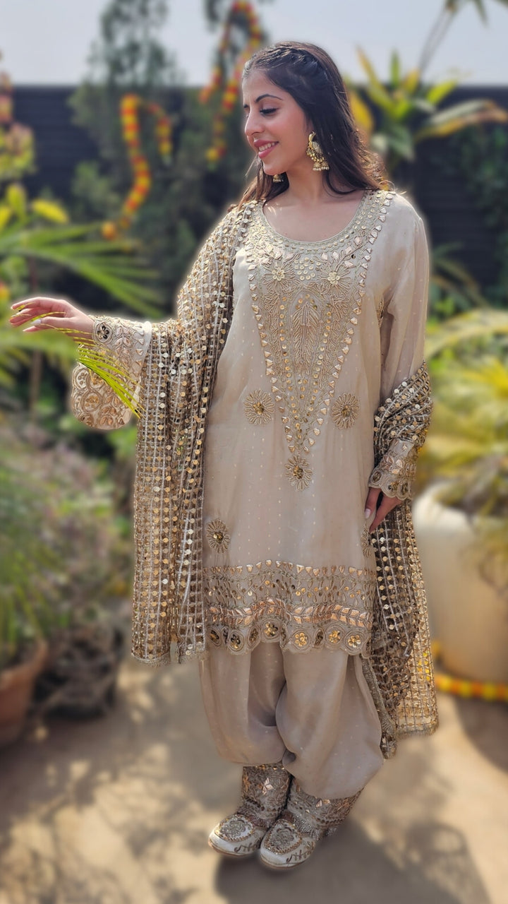 Beige Tissue Indo-Western with Dori, Zari, Gota Patti & Sipi Work