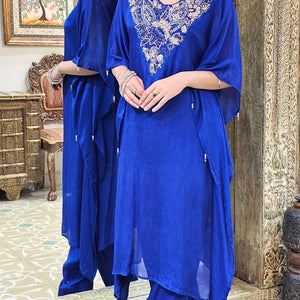 Blue Chinon Indowestern Kaaftan and Bottom with Cutdana,Sequins and Thread Work