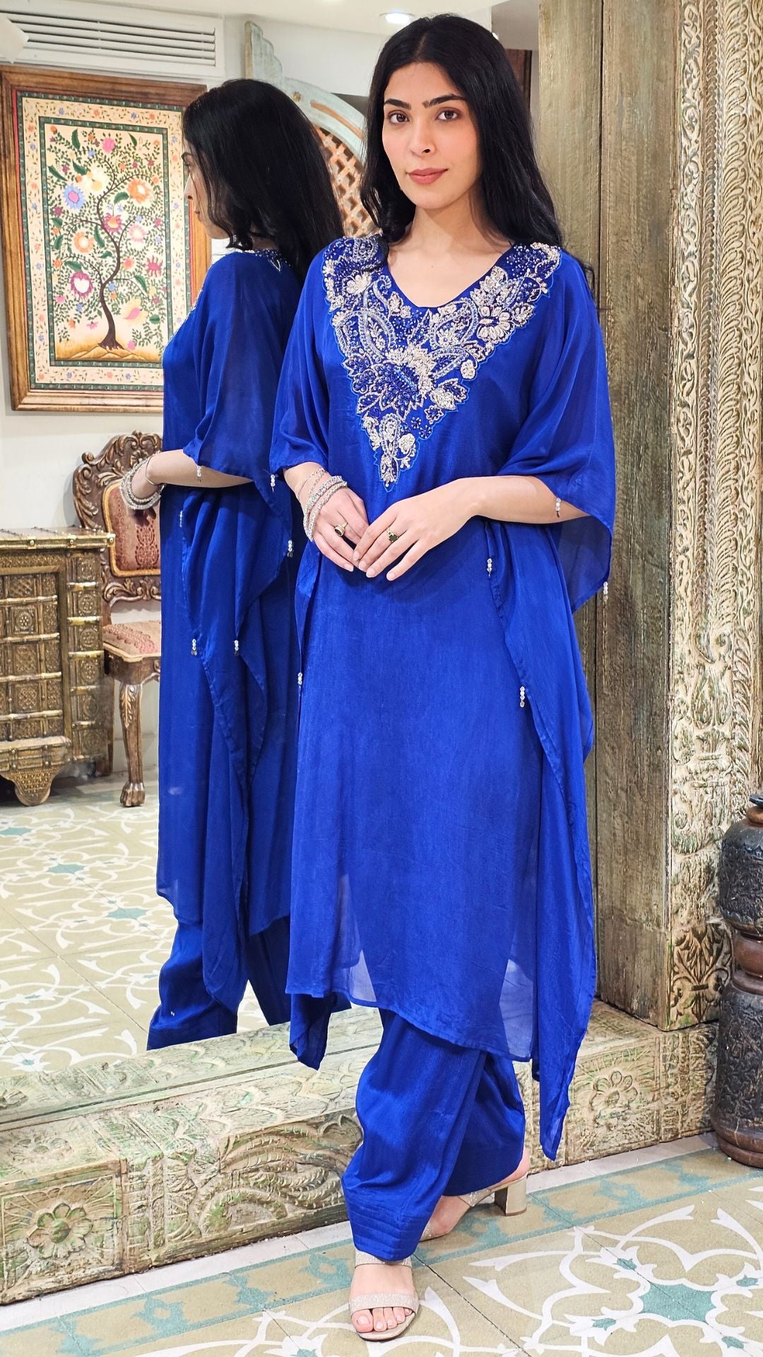 Blue Chinon Indowestern Kaaftan and Bottom with Cutdana,Sequins and Thread Work