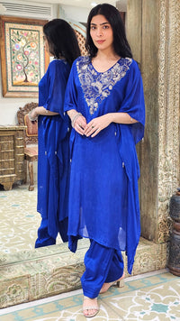 Blue Chinon Indowestern Kaaftan and Bottom with Cutdana,Sequins and Thread Work