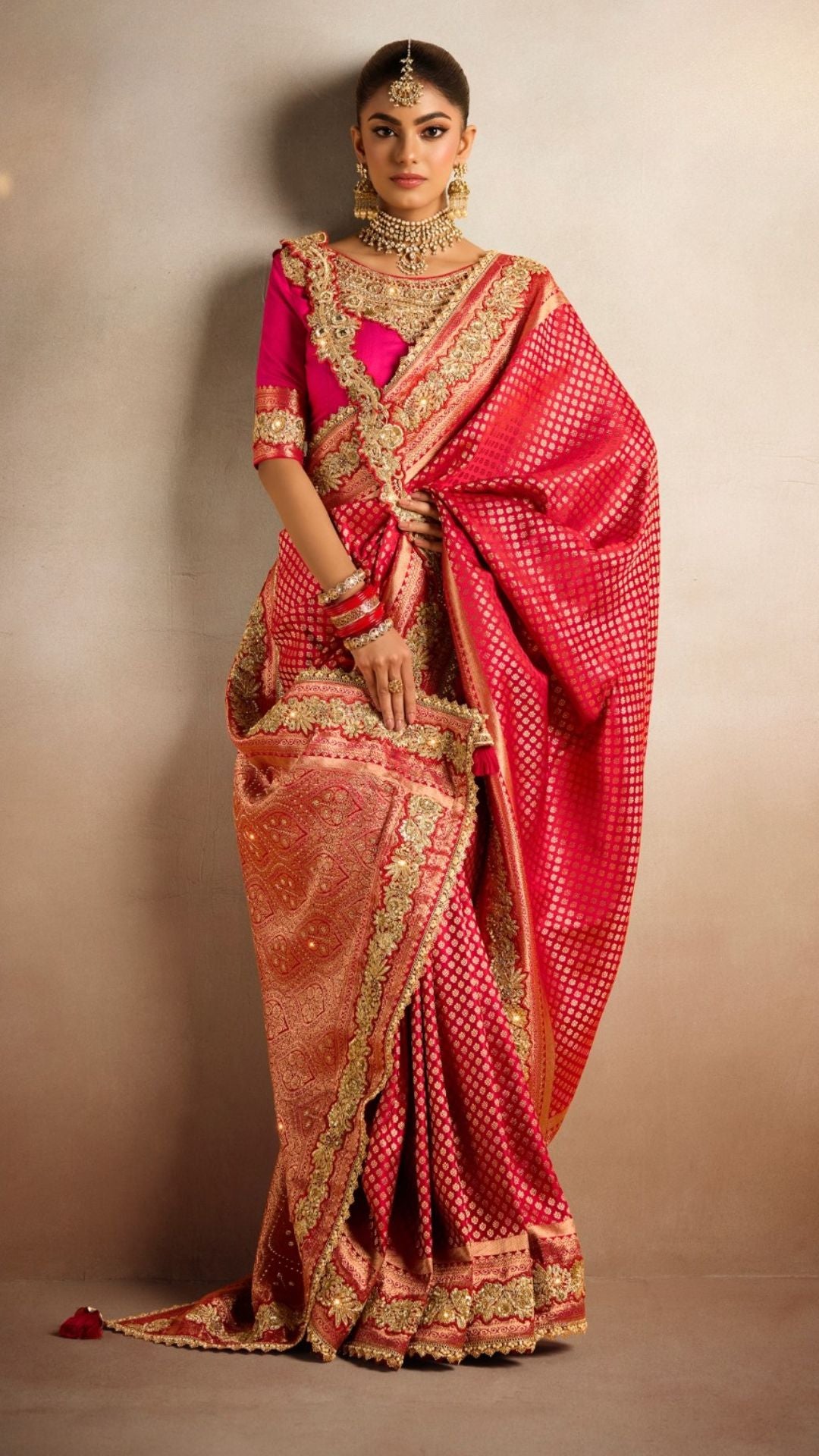 Red Satin Embroidered Saree With Rani Blouse