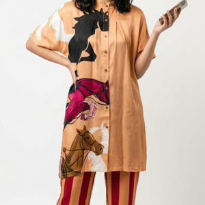 Beige Satin Crepe Coord Set with Digital Print Detailing