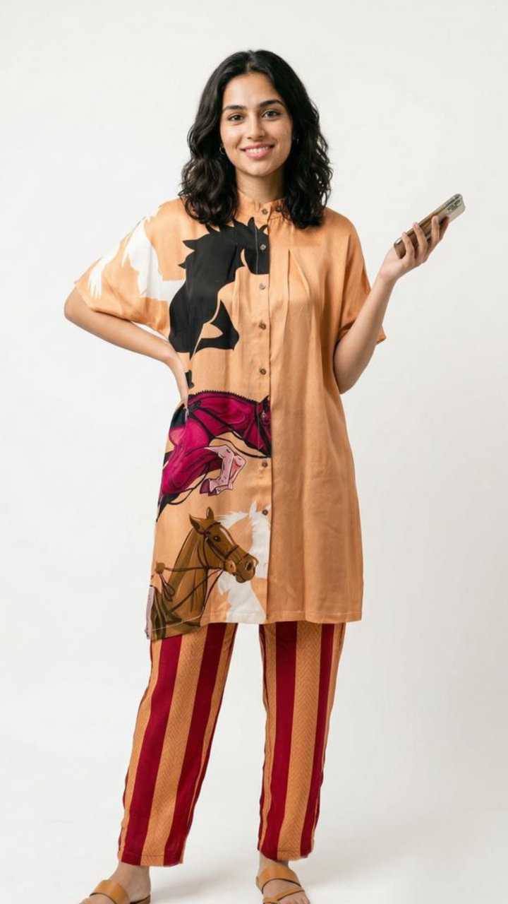 Beige Satin Crepe Coord Set with Digital Print Detailing