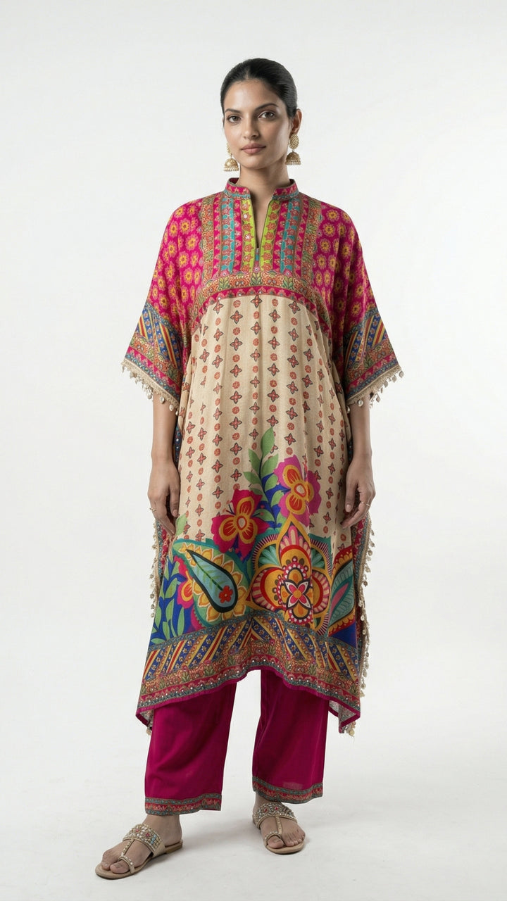 Multicolour Muslin Crepe Coord Set with Digital Print & Mirror Detailing