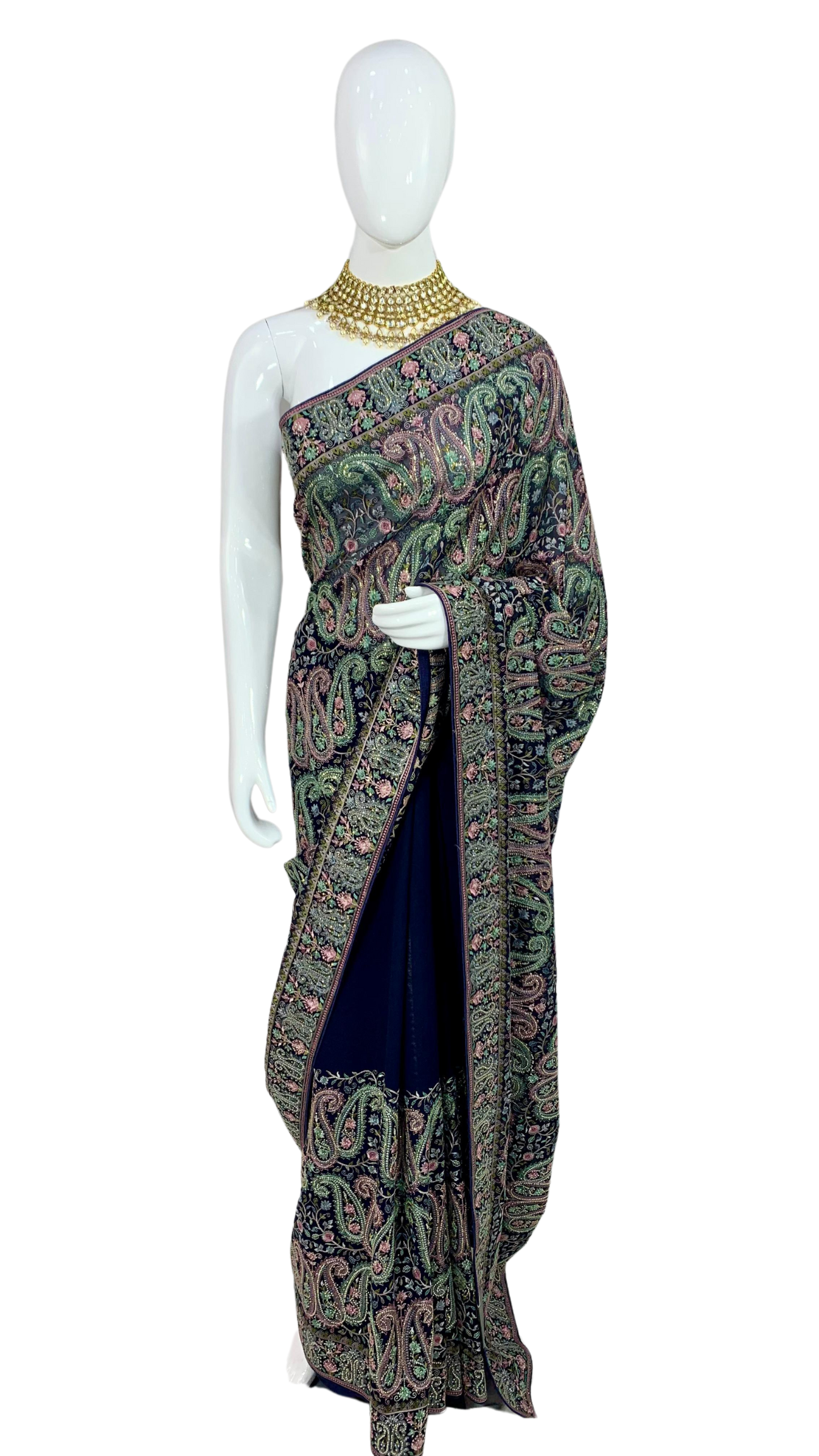 Navy Blue Georgette Saree with Unstitched Blouse and Kashmiri Work