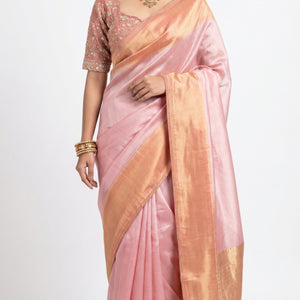 Baby Pink Silk Saree with Stitched Blouse and Zari, Cutdana & Sequins Work