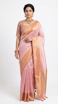 Baby Pink Silk Saree with Stitched Blouse and Zari, Cutdana & Sequins Work