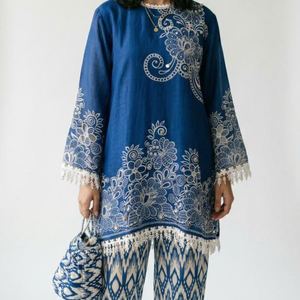 Blue Handloom Cotton Coord Set with Moti, Sequin & Lace Detailing