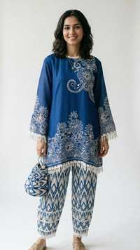 Blue Handloom Cotton Coord Set with Moti, Sequin & Lace Detailing