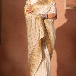 Cream Silk Satin Saree with Swarovski Work
