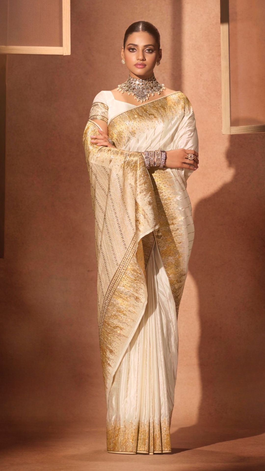 Cream Silk Satin Saree with Swarovski Work