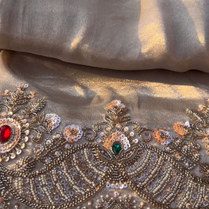 Golden Tissue Saree Embellished With Sequins, Dori, Stone & Cutdana Work