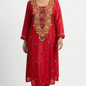 Red Dola Silk Suit Set with Zari, Pearl & Thread Detailing