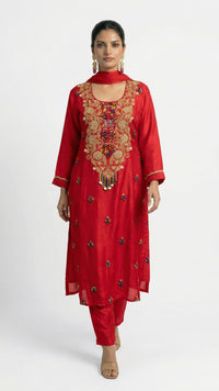 Red Dola Silk Suit Set with Zari, Pearl & Thread Detailing