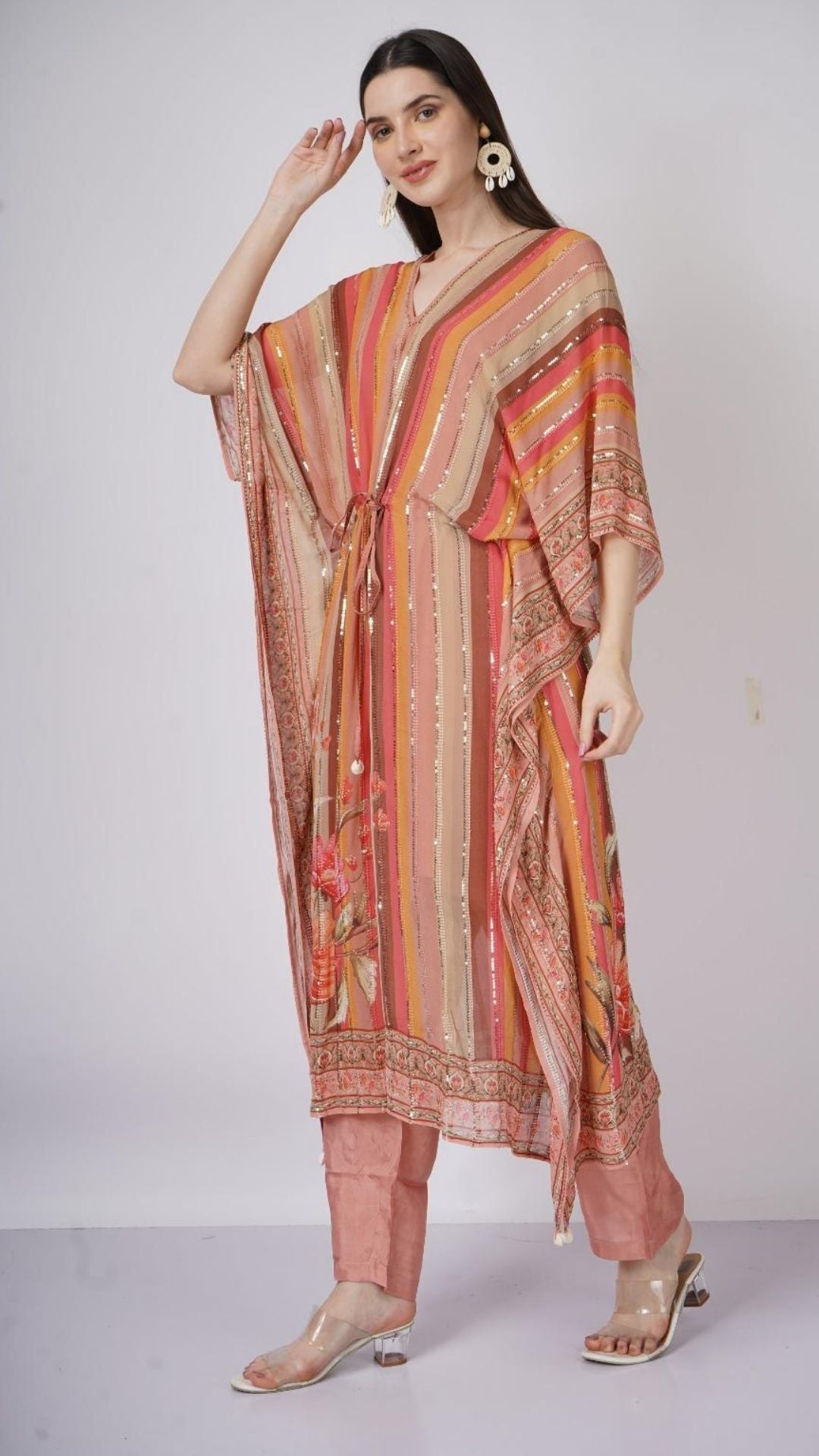 Multicolor Peach Georgette Kaaftan with Mirror and Sequins Work