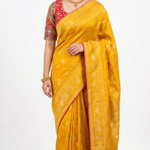 Yellow Banarasi Silk Saree with Stitched Pink Blouse and Weaving Work