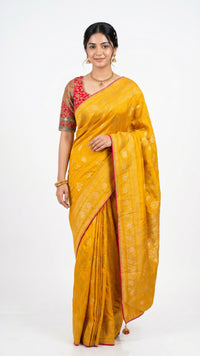 Yellow Banarasi Silk Saree with Stitched Pink Blouse and Weaving Work