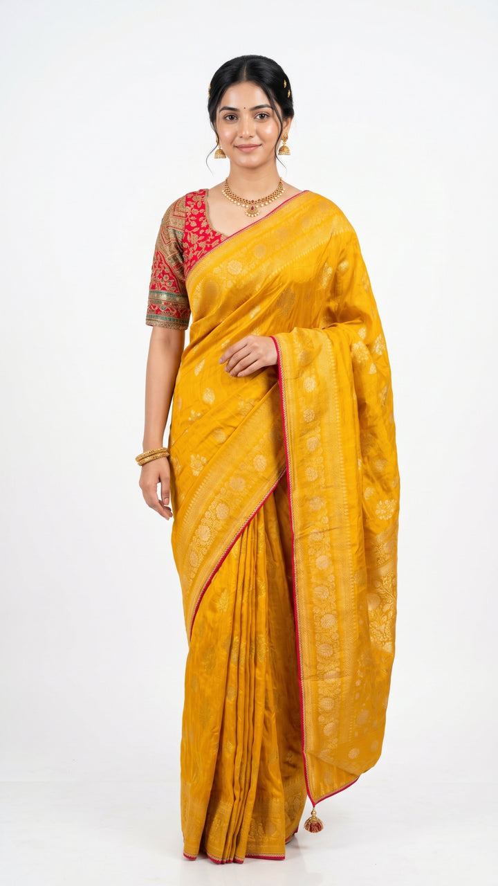Yellow Banarasi Silk Saree with Stitched Pink Blouse and Weaving Work