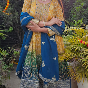 Peacock Blue & Mustard Ombre Georgette Banarasi Zari & Sequin Work