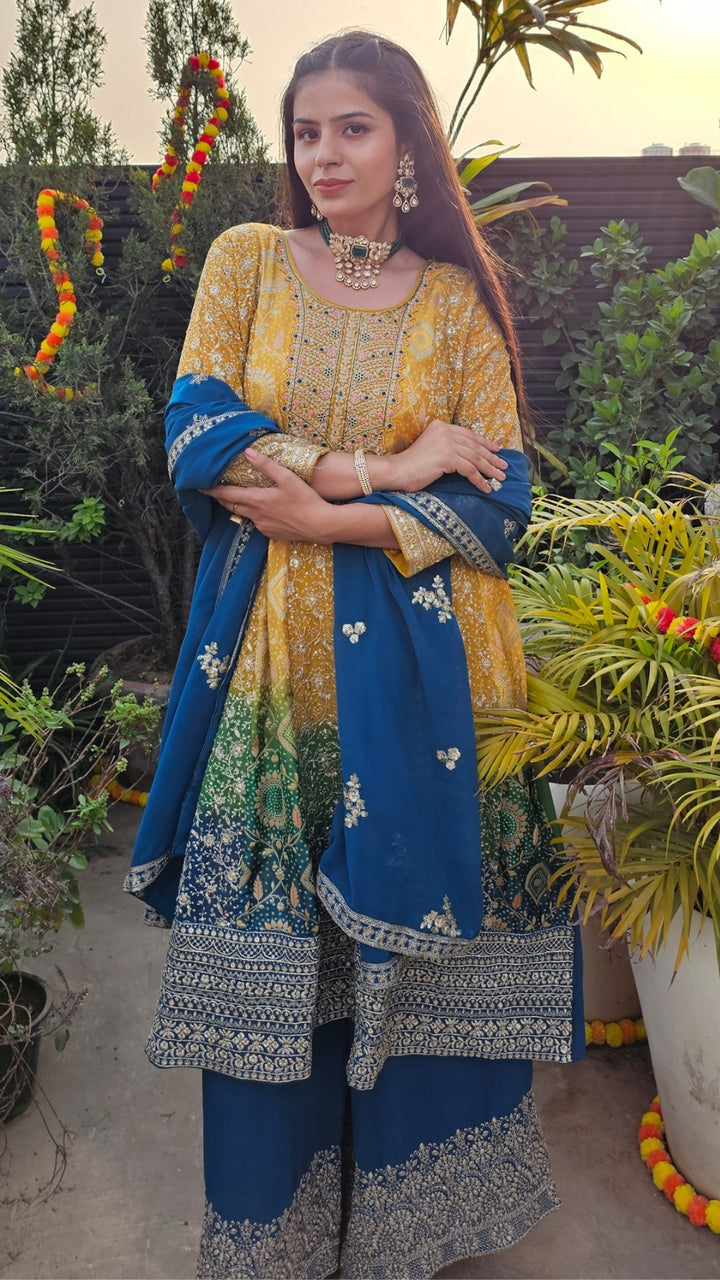 Peacock Blue & Mustard Ombre Georgette Banarasi Zari & Sequin Work