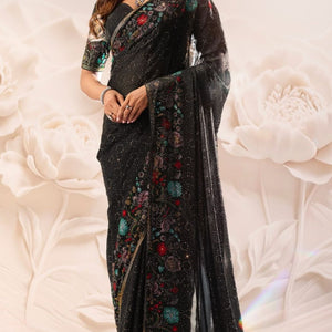 Black Satin Organza Saree with Swarovski Work