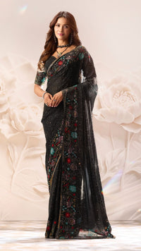 Black Satin Organza Saree with Swarovski Work
