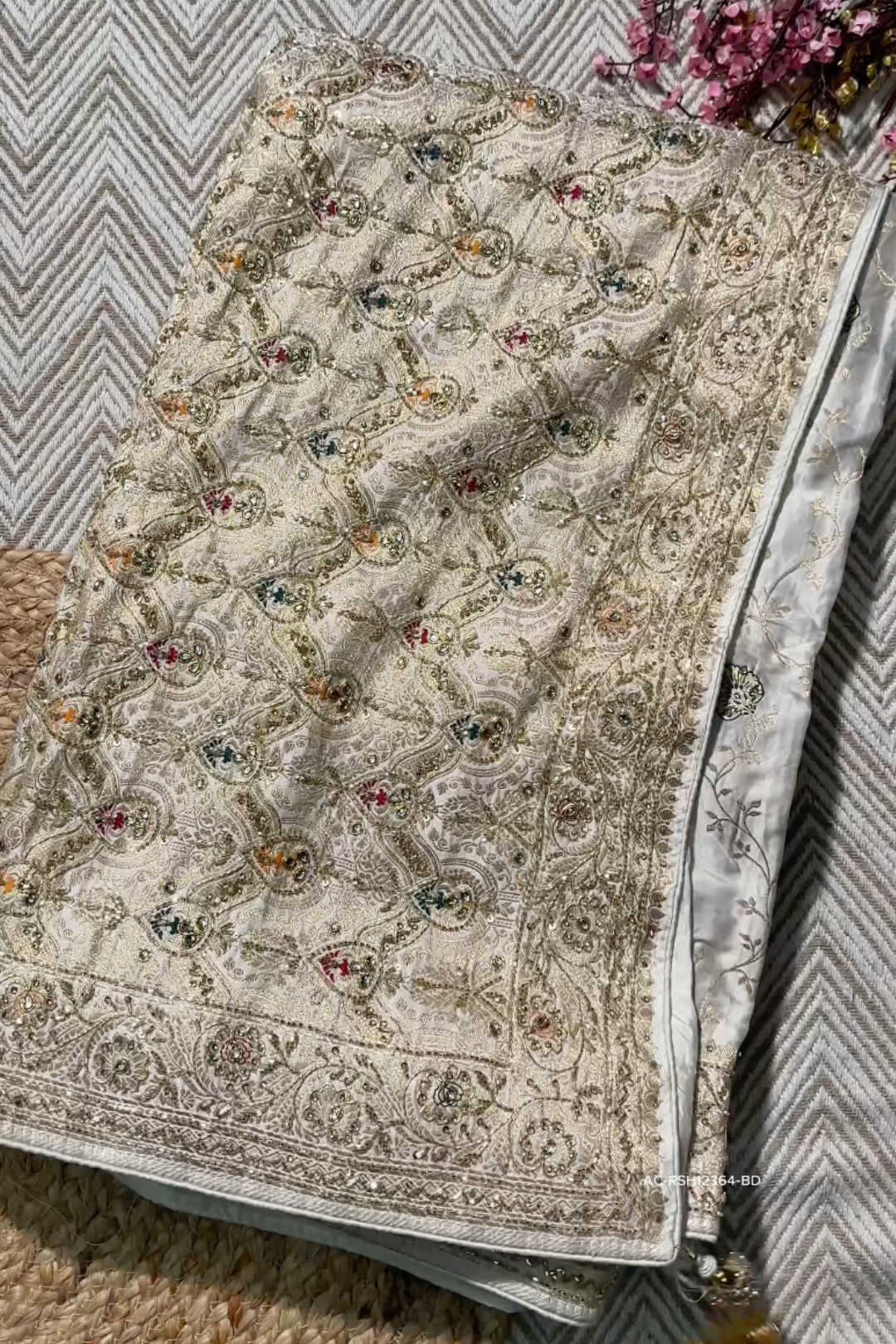 Ivory Silk Unstitched Saree Embellished With Sequins, Cutdana, Zarkan, Dabka & Stone Work