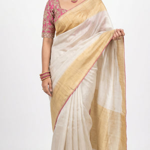 Ivory Silk Saree with Stitched Blouse and Zari, Cutdana & Sequins Work