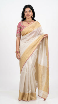 Ivory Silk Saree with Stitched Blouse and Zari, Cutdana & Sequins Work