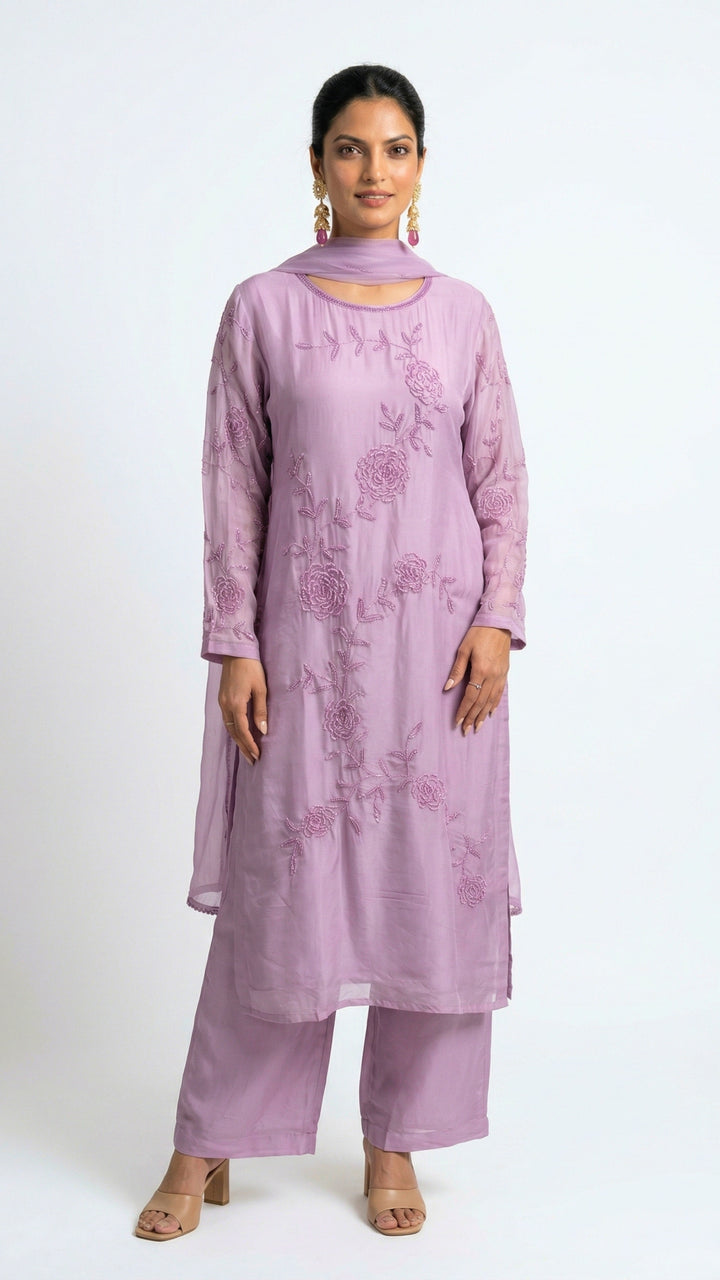 Muted Pastel Pink Organza Suit with Sequins, Cutdana & Moti Detailing