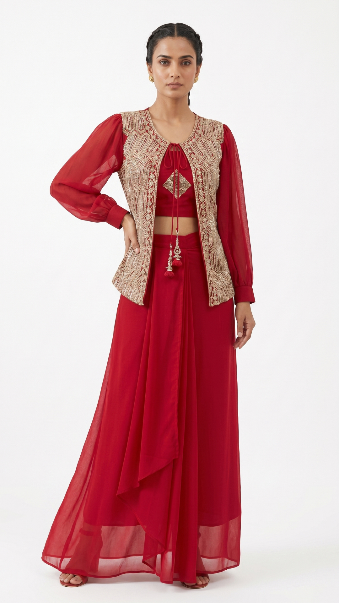 Red georgette Fabric Cutdana & jarkan work Sequins