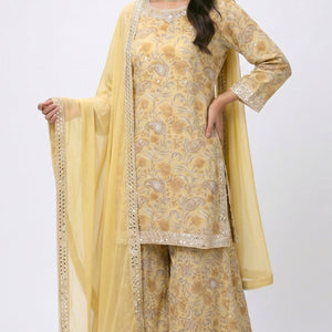 Yellow Digital Printed Cotton Suit With Thread & Patti Work