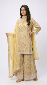Yellow Digital Printed Cotton Suit With Thread & Patti Work