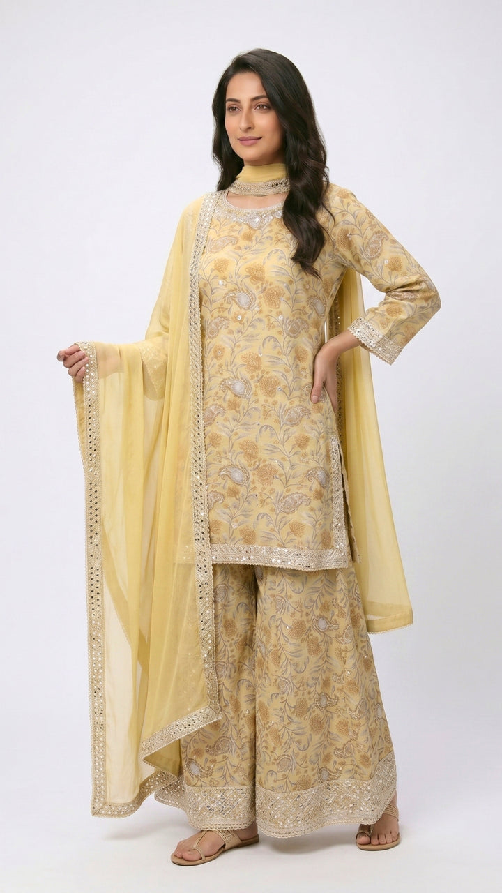 Yellow Digital Printed Cotton Suit With Thread & Patti Work