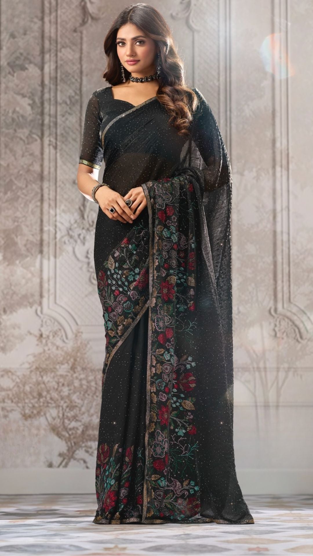 Black Satin Organza Saree With Swarovski Work