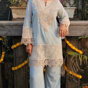 Mulmul Cotton Indo-Western in Sky Blue with Lace Work
