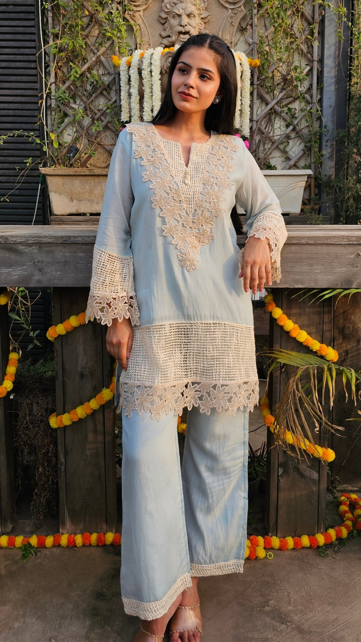 Mulmul Cotton Indo-Western in Sky Blue with Lace Work