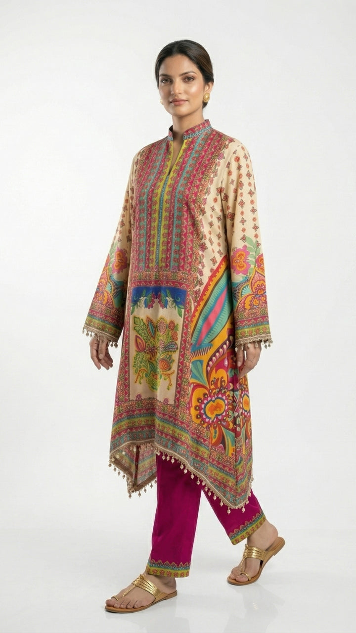 Multicolour Muslin Crepe Coord Set with Digital Print & Mirror Work