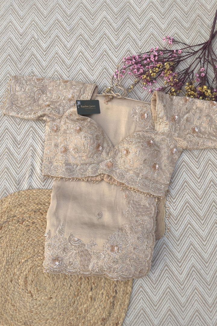 Fawn Tissue Saree Embellished With Zari, Sequins & Cut Dana Work