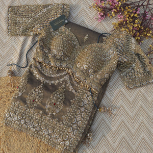 Dusty Brown Green Tissue Saree Embellished With Moti, Sequins & Cut Dana Work