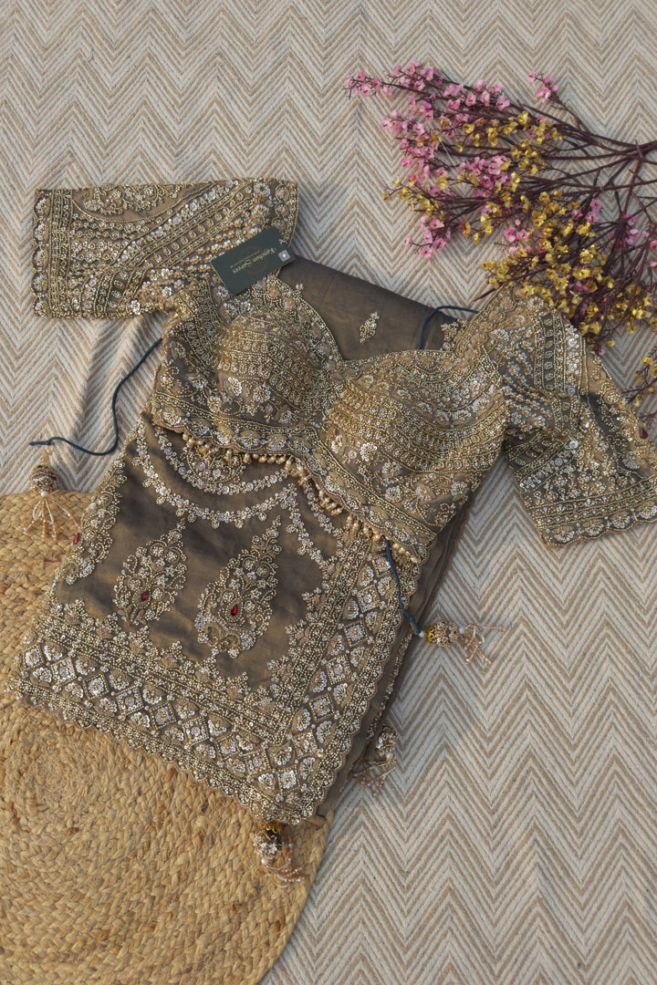Dusty Brown Green Tissue Saree Embellished With Moti, Sequins & Cut Dana Work